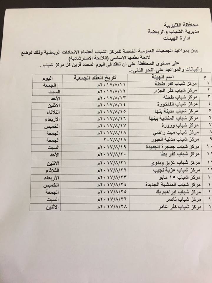 مواعيد الجمعيات العمومية للاندية ومراكز الشباب فى محافظة القليوبية 2
