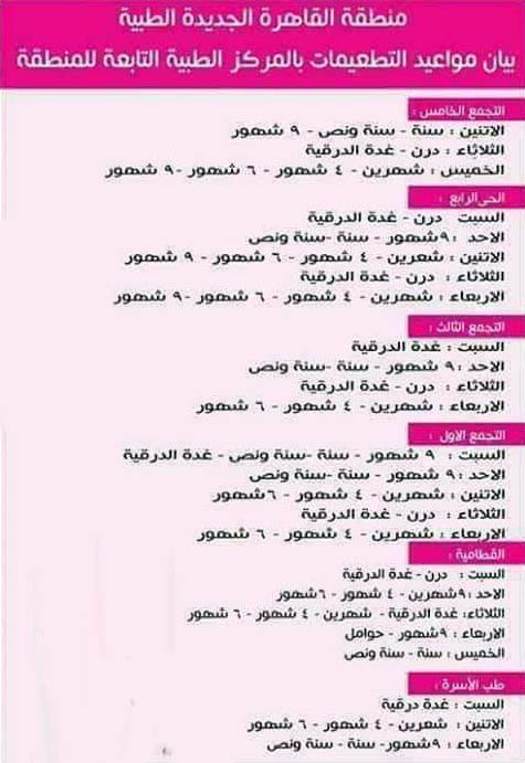 جدول تطعيمات الاطفال في مكاتب الصحة بالقاهرة الجديدة